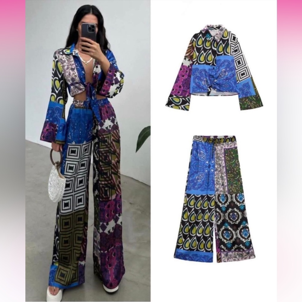 Zara NWT 2 piece patchwork print flowy pant and top set 4043/095